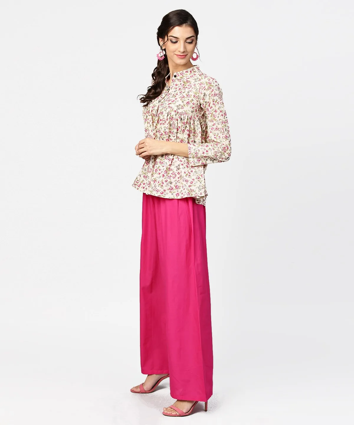 Floral printed 3/4th sleeve short cotton top with solid pink palazzo