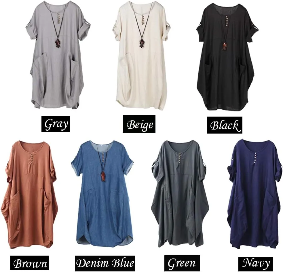 FTCayanz Women's Casual Tunic Dress Short Sleeve Plus Size Midi Dresses with Pockets