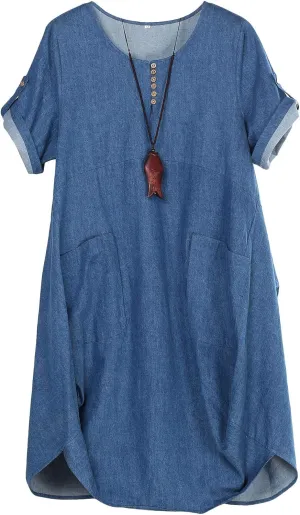 FTCayanz Women's Casual Tunic Dress Short Sleeve Plus Size Midi Dresses with Pockets