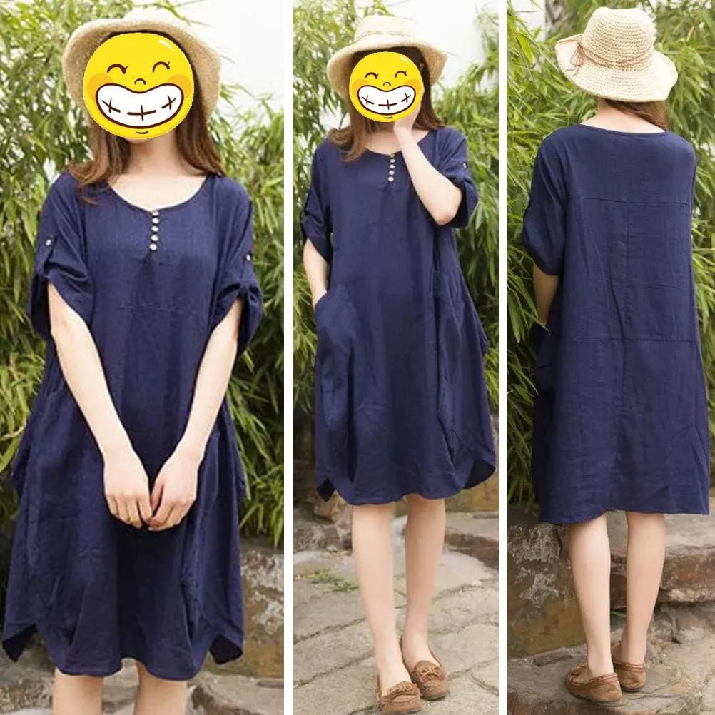 FTCayanz Women's Casual Tunic Dress Short Sleeve Plus Size Midi Dresses with Pockets