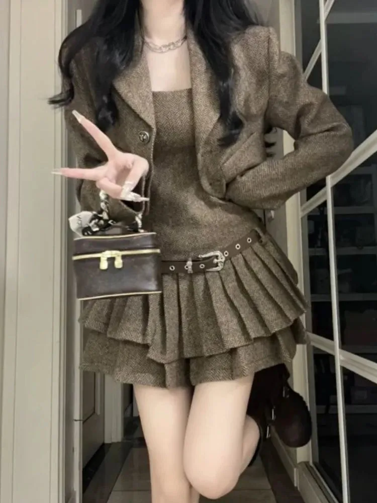 Girlary Autumn Gray Vintage New 2 Piece Sets Women Korean Design Y2K Elegant Clothes Female Solid WarmTops   Chic Pleated Dresses 2024