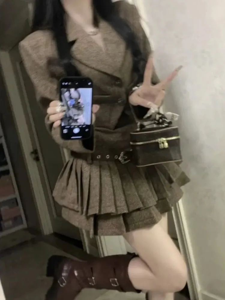 Girlary Autumn Gray Vintage New 2 Piece Sets Women Korean Design Y2K Elegant Clothes Female Solid WarmTops   Chic Pleated Dresses 2024