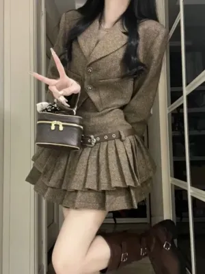 Girlary Autumn Gray Vintage New 2 Piece Sets Women Korean Design Y2K Elegant Clothes Female Solid WarmTops   Chic Pleated Dresses 2024