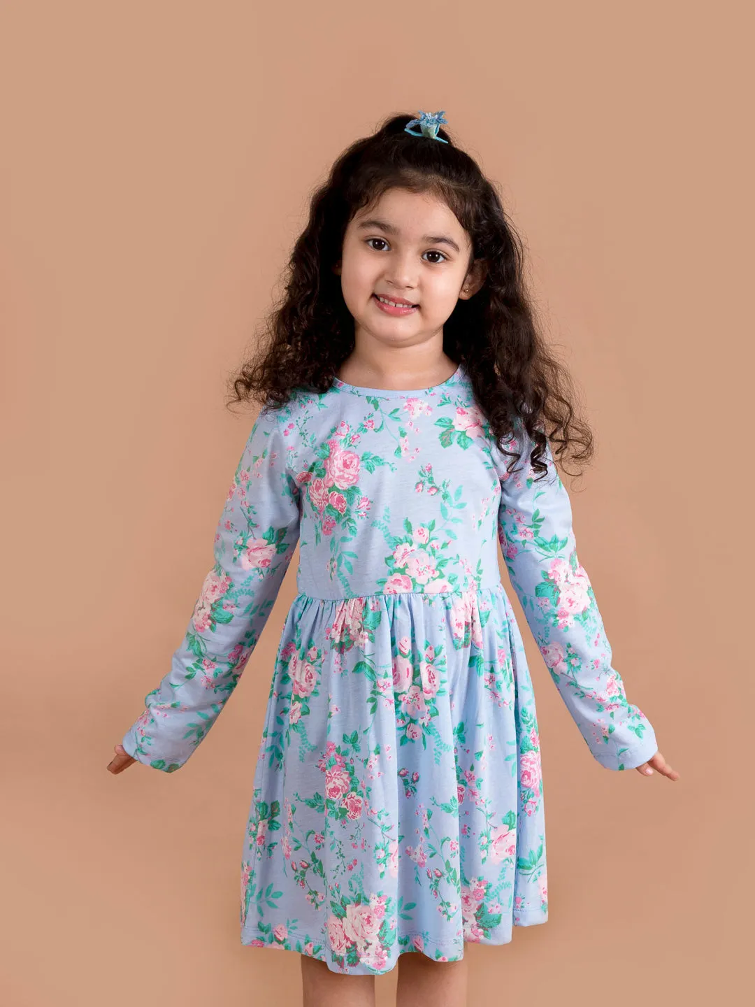 Girls Blue Pink Floral Printed A-Line Dress - Ps Peaches