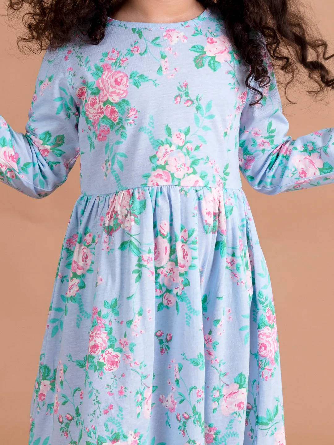 Girls Blue Pink Floral Printed A-Line Dress - Ps Peaches