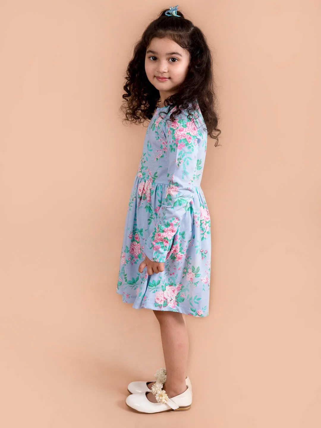 Girls Blue Pink Floral Printed A-Line Dress - Ps Peaches