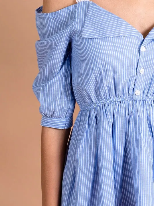 Girls Blue White Striped Cold Shoulder Sleeves Cotton Dress - Ps Peaches