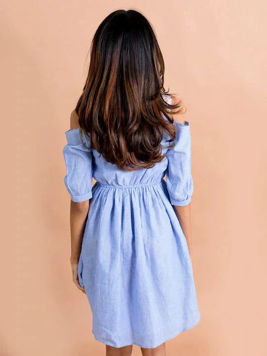 Girls Blue White Striped Cold Shoulder Sleeves Cotton Dress - Ps Peaches