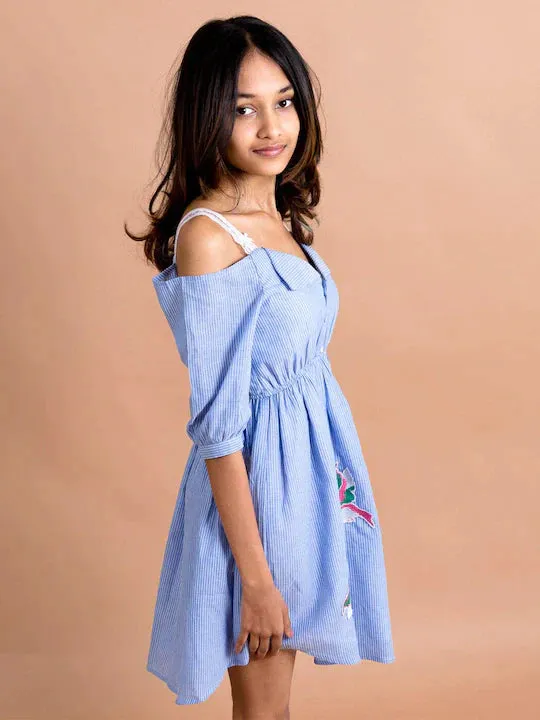 Girls Blue White Striped Cold Shoulder Sleeves Cotton Dress - Ps Peaches