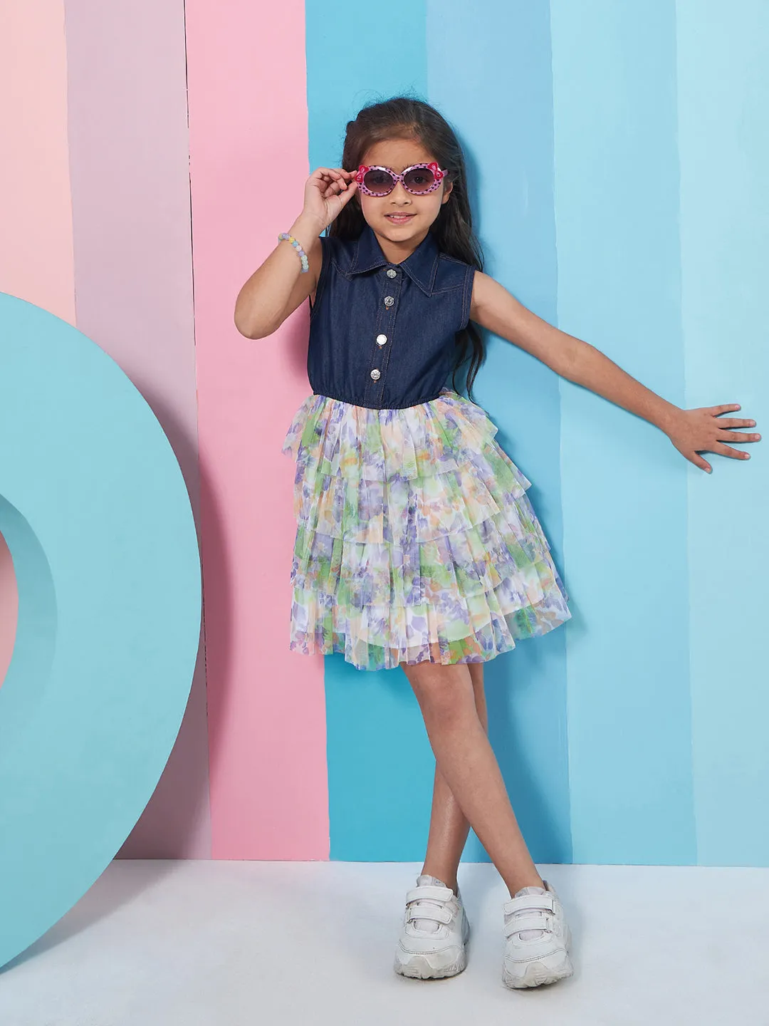 Girls Floral Printed Shirt Collar Sleeveless Layered Denim Fit Flare Dress - PS Peaches