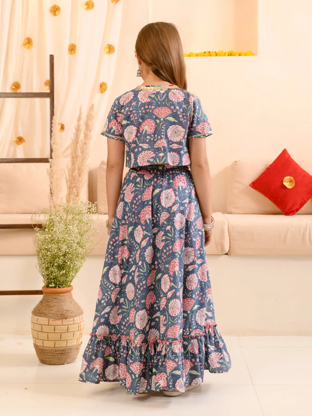 Girls Floral Printed Striped Ready To Wear Lehenga Choli With Waist Coat - Ps Peaches