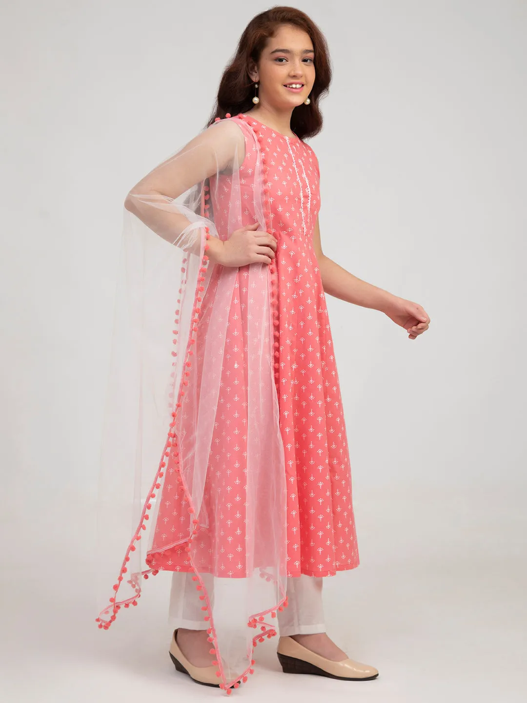 Girl's Pink And White Kurta And Trouser With Dupatta - Bitiya By Bhama