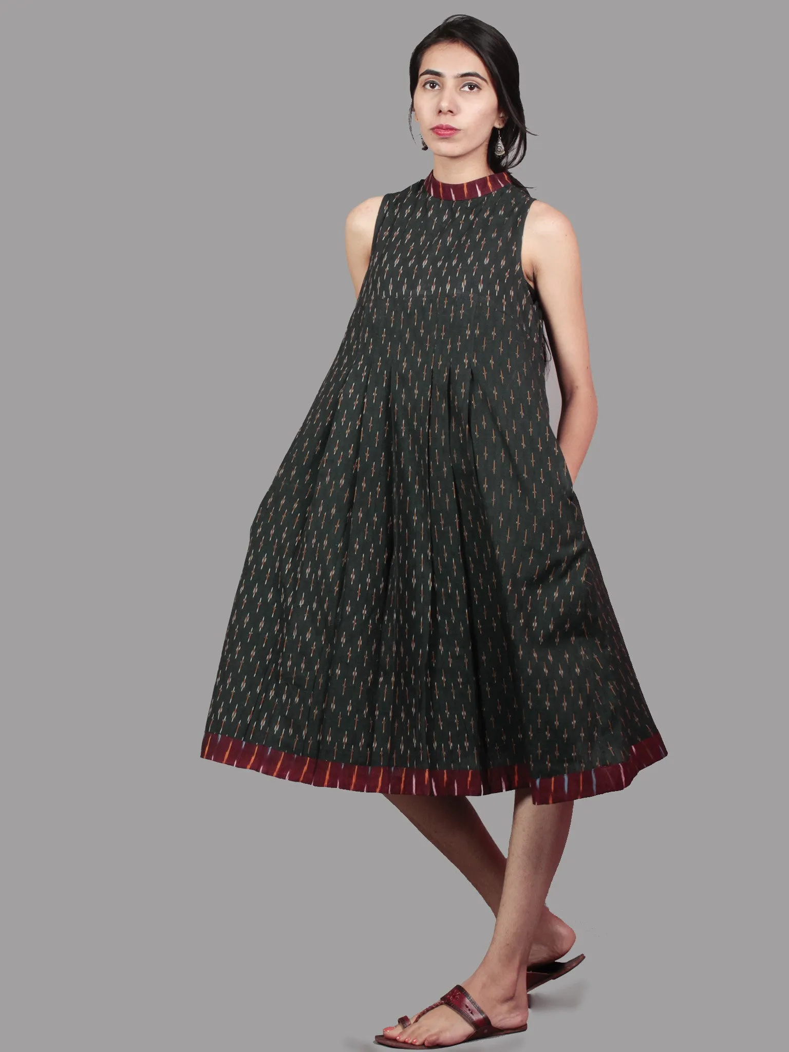 Green Maroon Mustard Ivory Handwoven Ikat Cotton Sleeveless Dress With Stand Collar With Pleats - D5366701