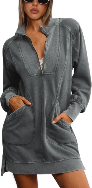 Half Zip Sweatshirt Dress for Women Casual Long Sleeve Mini Dresses V Neck Pullover Tunic Top with Pockets