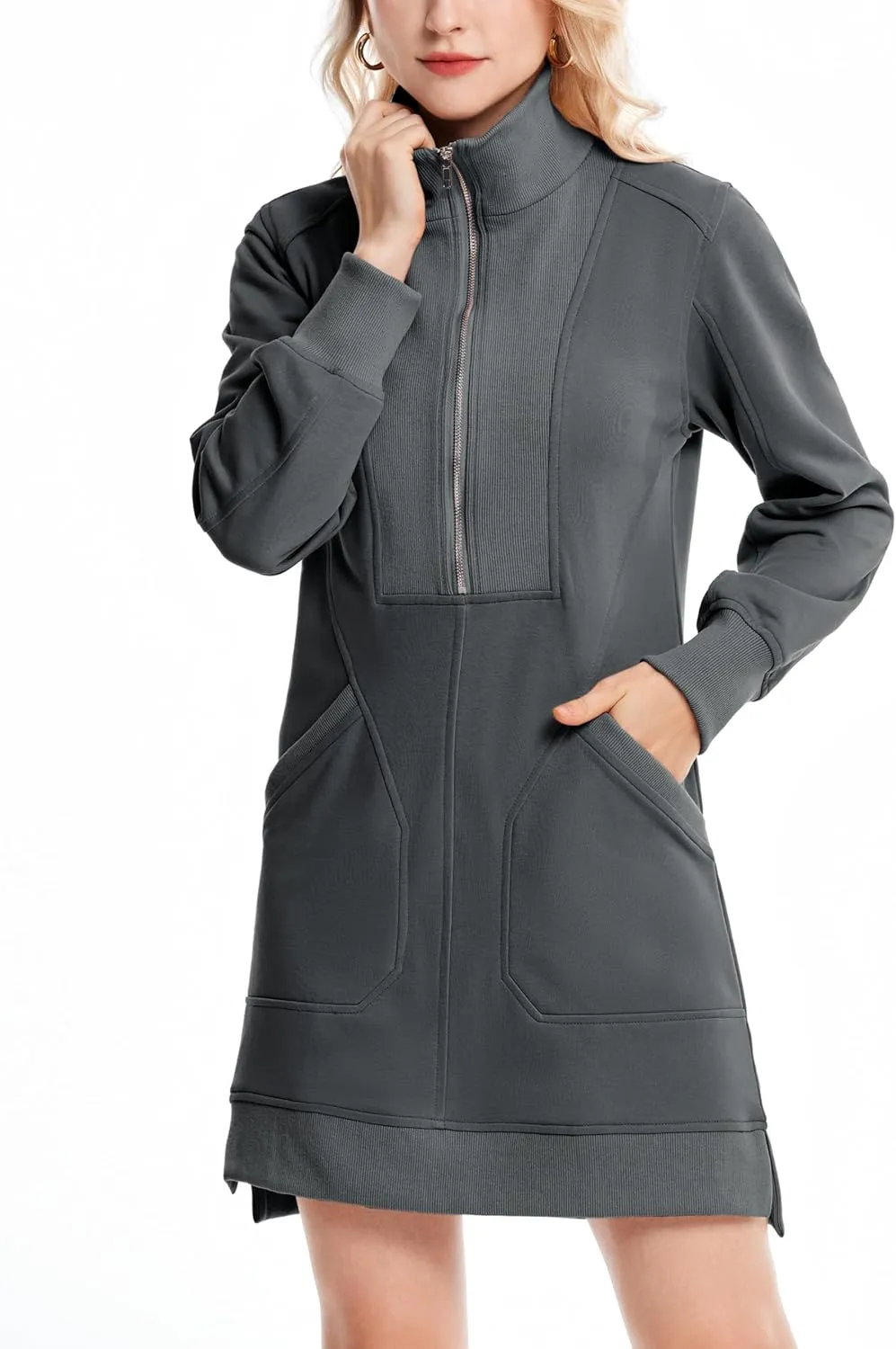 Half Zip Sweatshirt Dress for Women Casual Long Sleeve Mini Dresses V Neck Pullover Tunic Top with Pockets