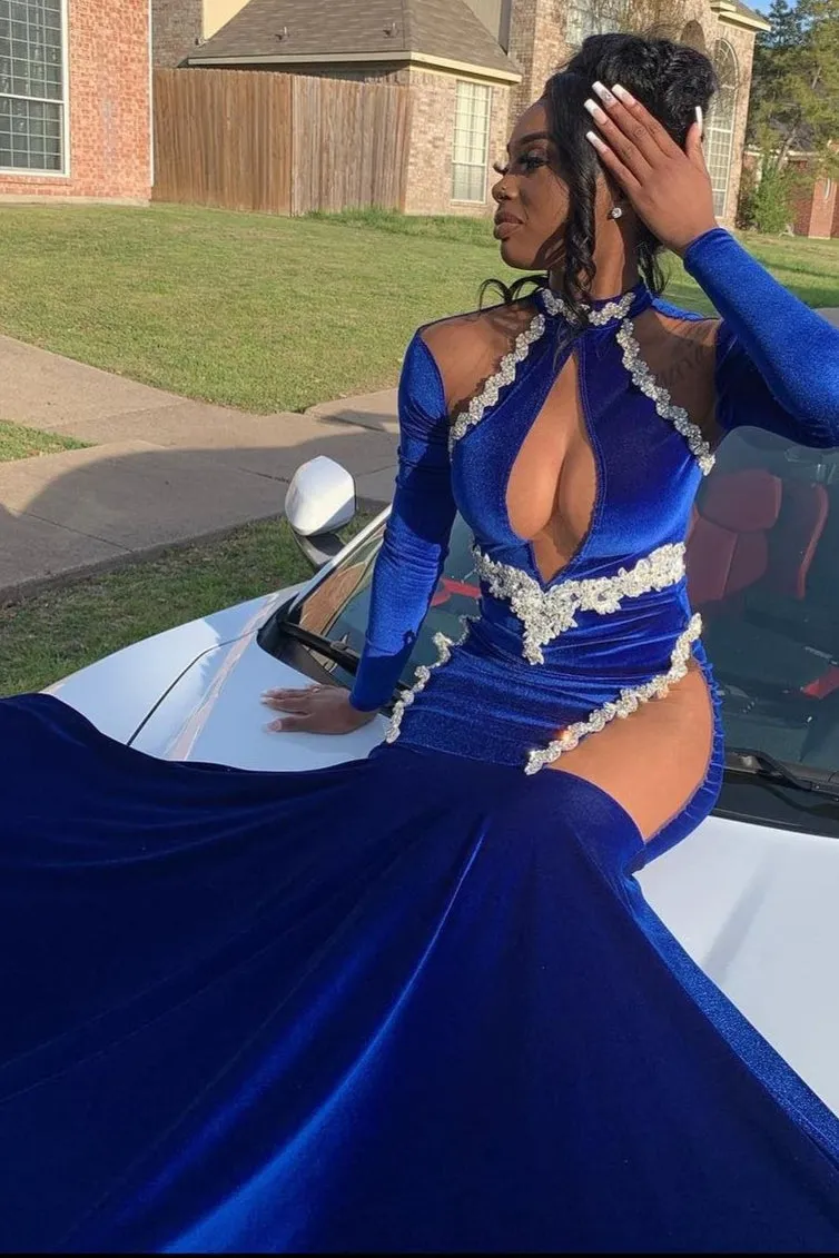 Halter Royal Blue Bodycon Prom Dresses with Sleeves