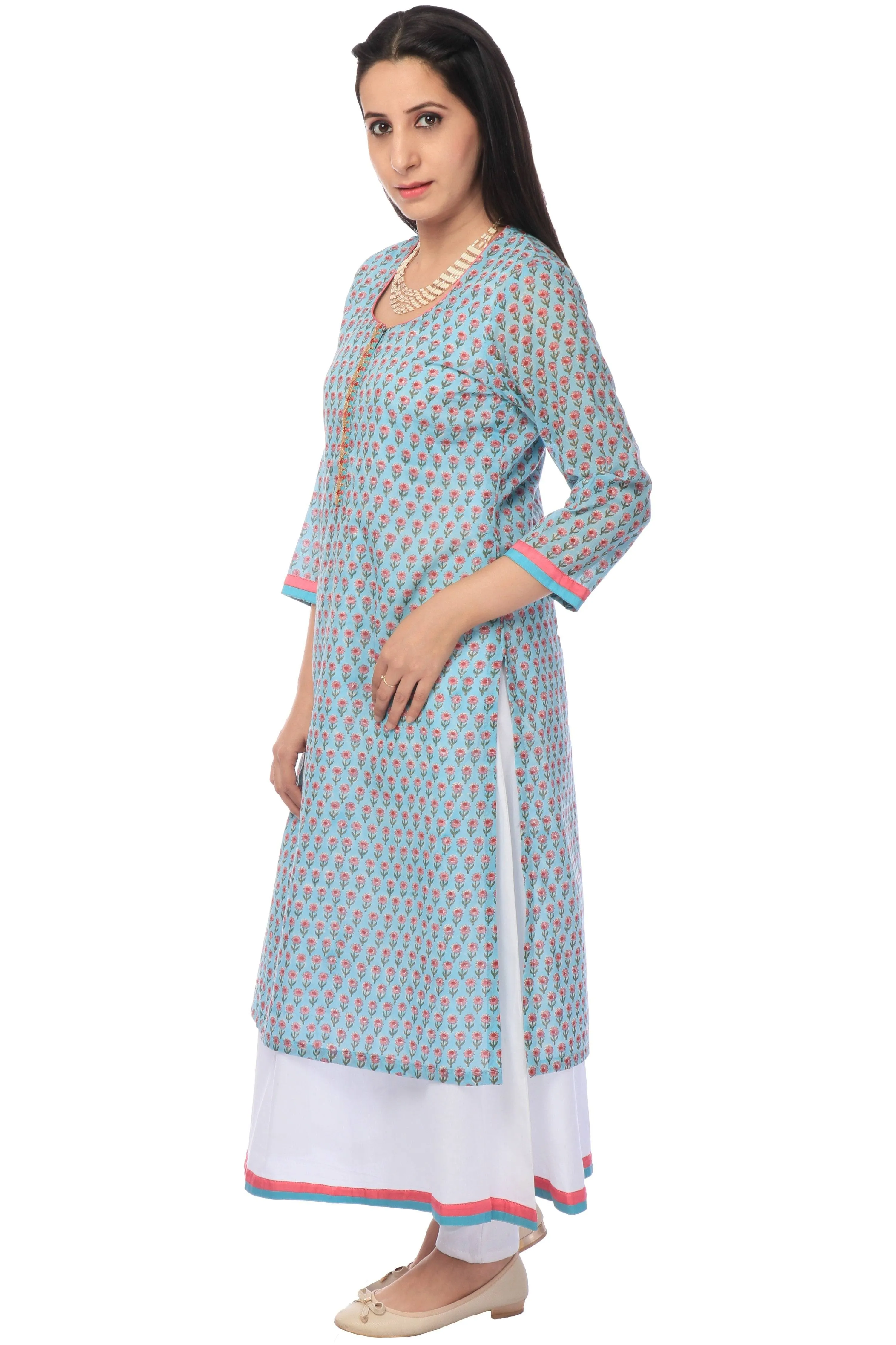 Hand Block Print Blue Two Layered Long Kurta