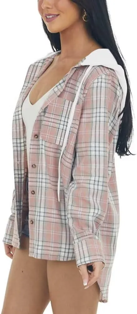 INFITTY Women's Buffalo Plaid Hoodie Long Sleeve Jacket Button Drawstring Casual Fall Shirts with Pocket