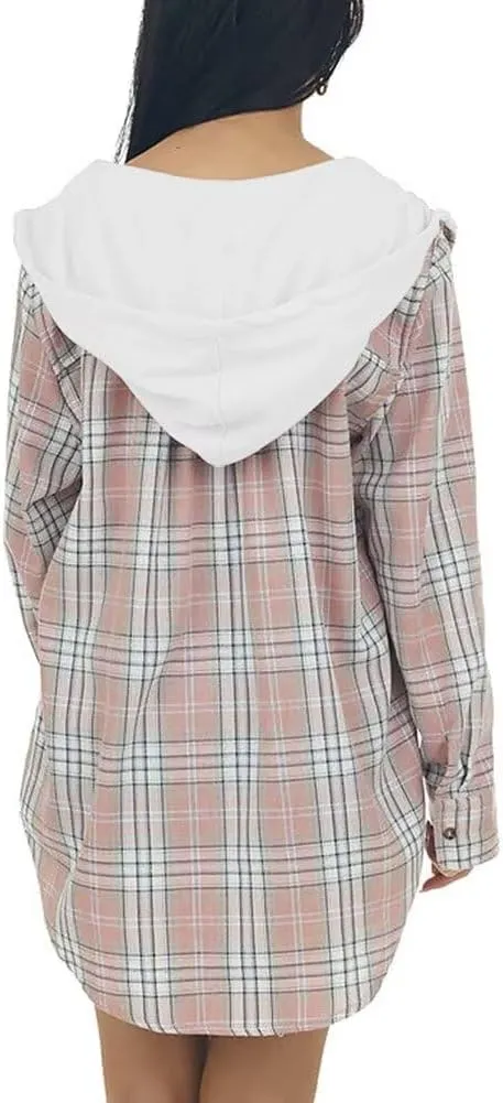 INFITTY Women's Buffalo Plaid Hoodie Long Sleeve Jacket Button Drawstring Casual Fall Shirts with Pocket