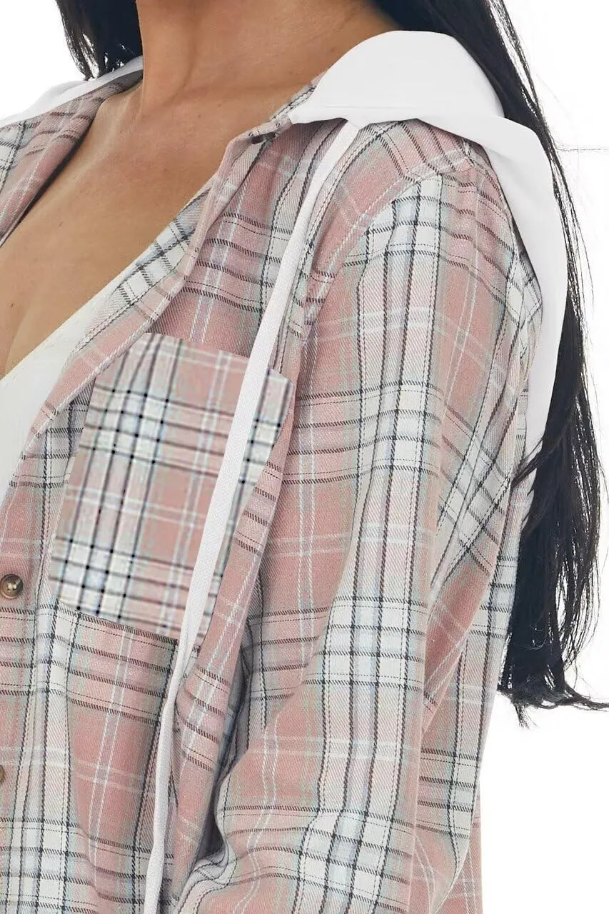 INFITTY Women's Buffalo Plaid Hoodie Long Sleeve Jacket Button Drawstring Casual Fall Shirts with Pocket