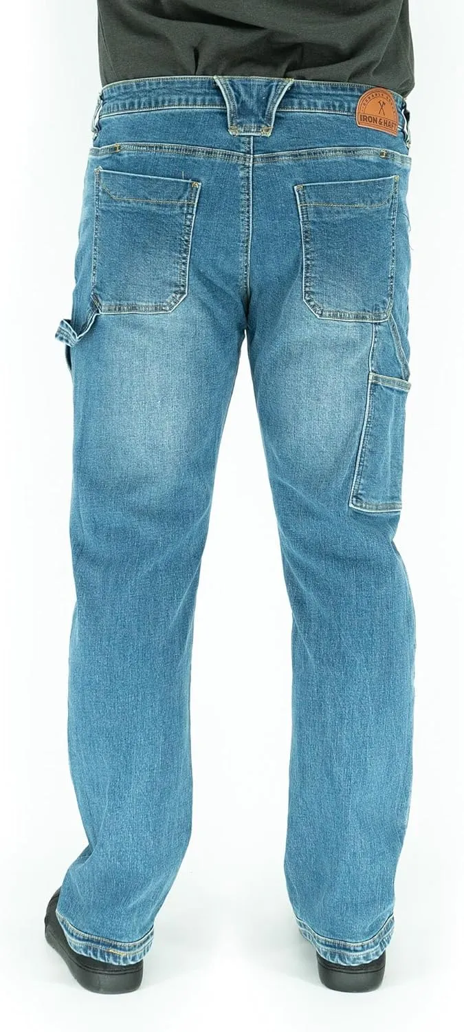 Iron & Haft Men's Journeyman Relaxed/Straight Fit Work Jeans, 12 Pocket Stretch Denim Tactical Jeans, Vintage/Medium Wash