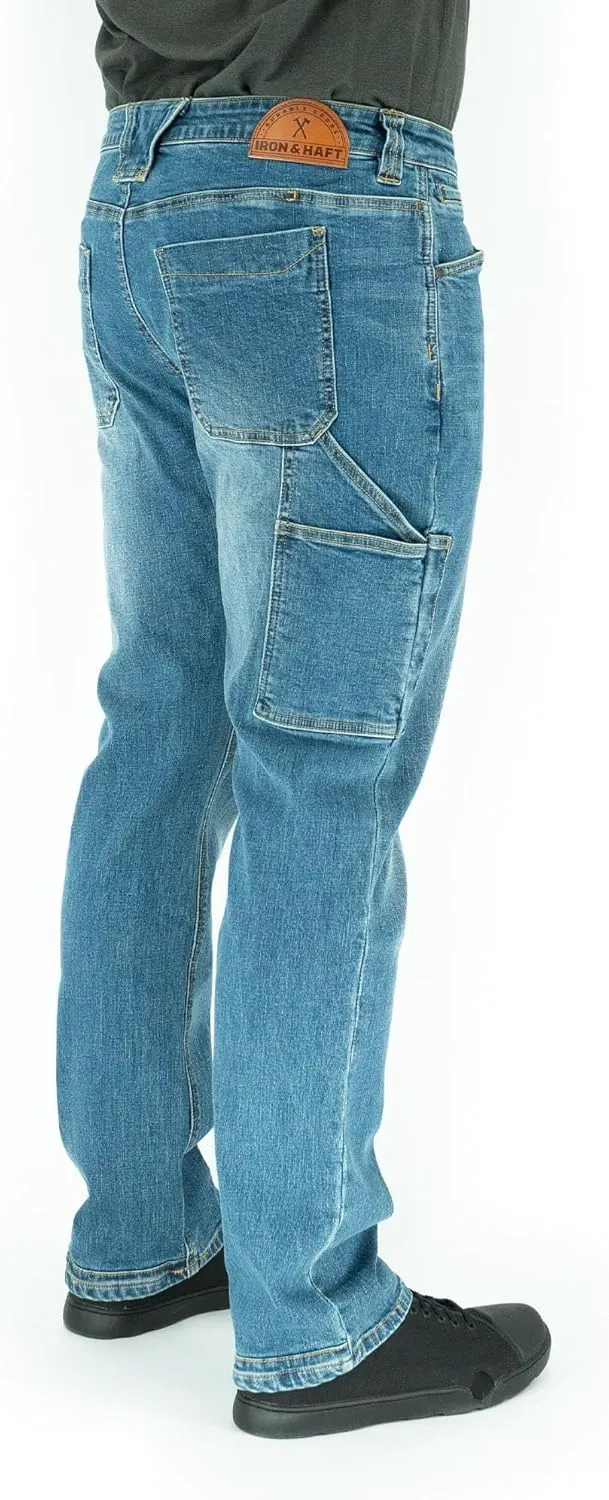 Iron & Haft Men's Journeyman Relaxed/Straight Fit Work Jeans, 12 Pocket Stretch Denim Tactical Jeans, Vintage/Medium Wash
