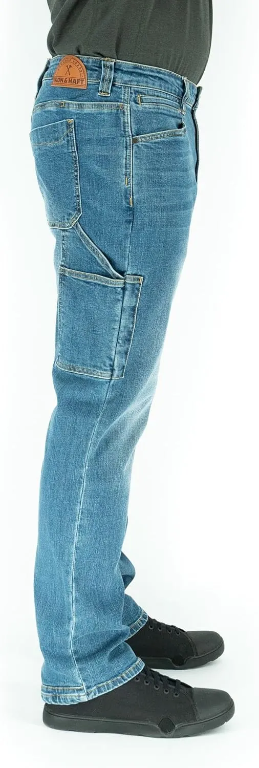 Iron & Haft Men's Journeyman Relaxed/Straight Fit Work Jeans, 12 Pocket Stretch Denim Tactical Jeans, Vintage/Medium Wash