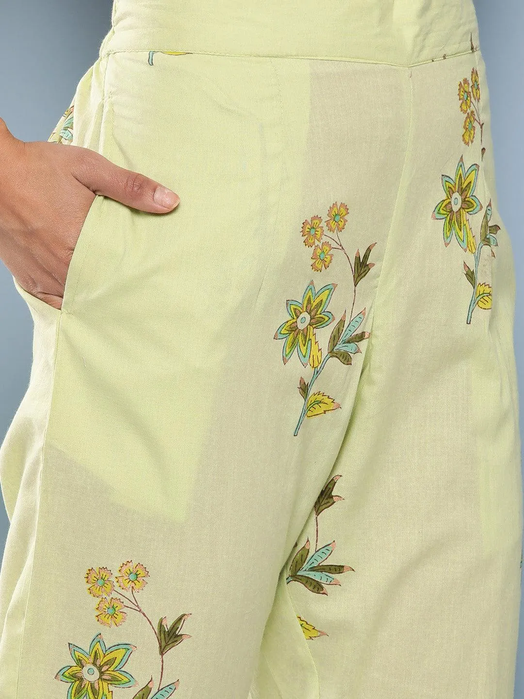 Jashvi Green Cotton Straight pant set with Organza Dupatta
