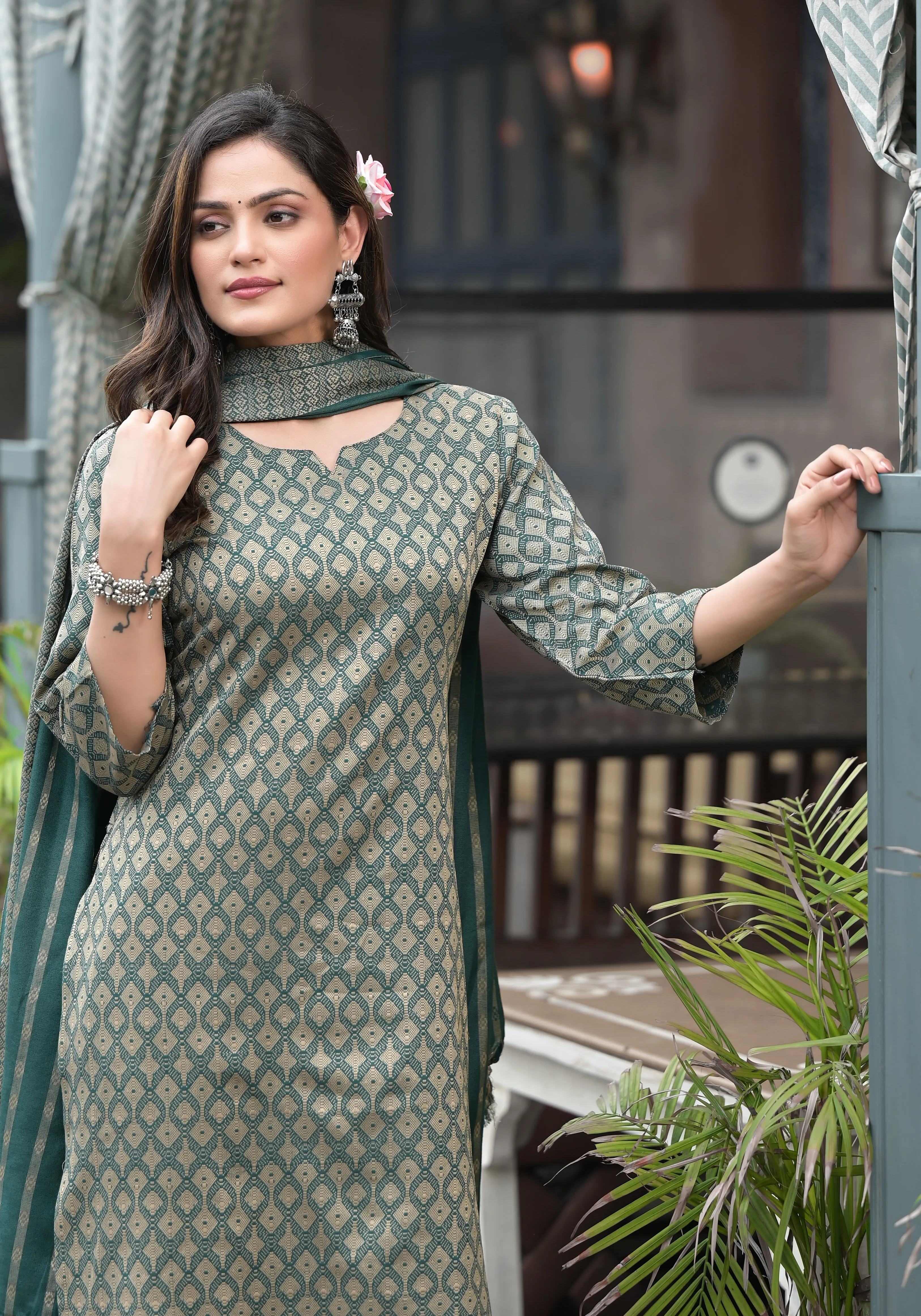 Jashvi Green Geometric Printed Cotton Kurta Pant Set With Tassels On Dupatta