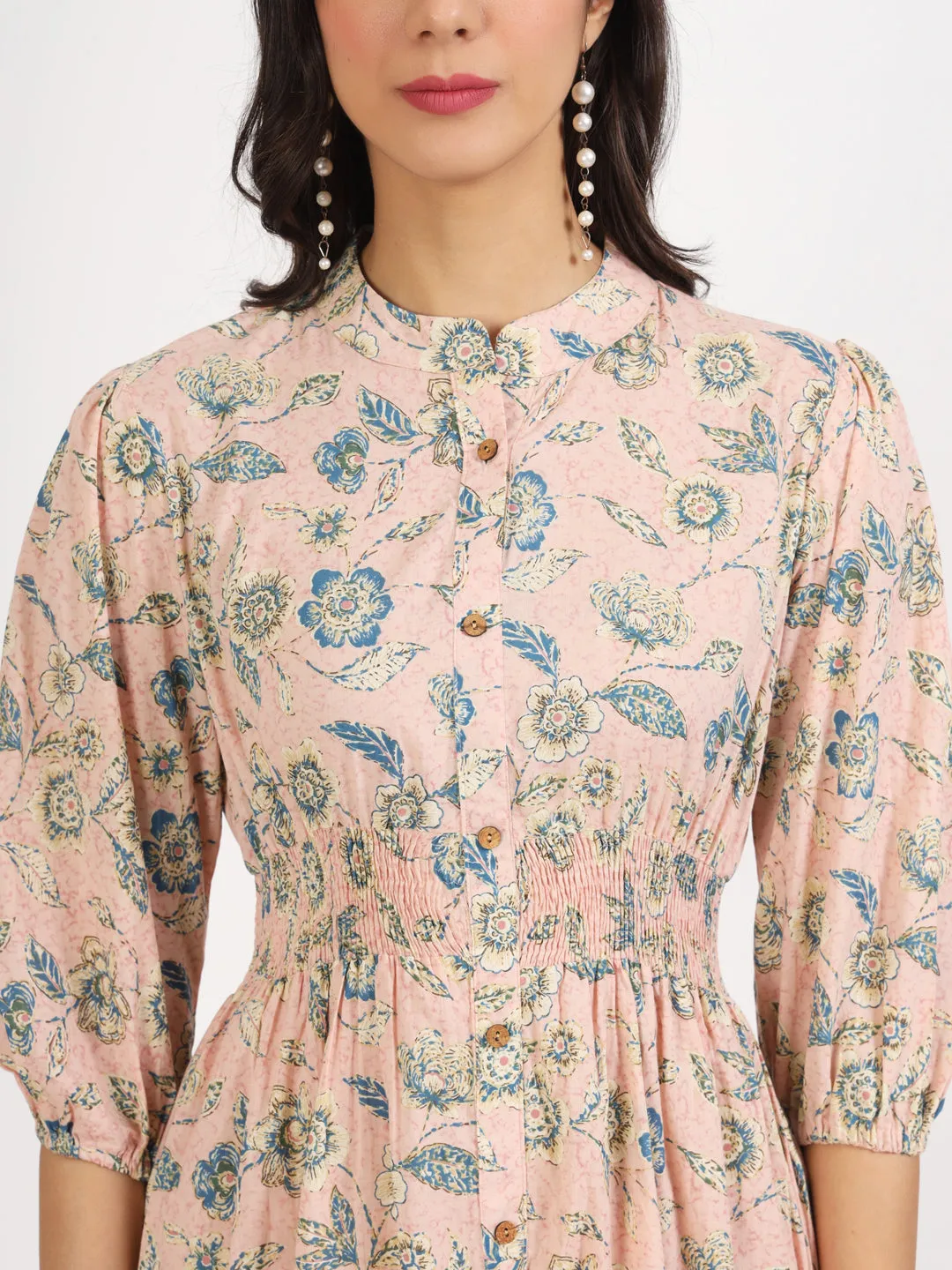 Jashvi Light Pink Floral Print Cotton Knee Long Dress for Women