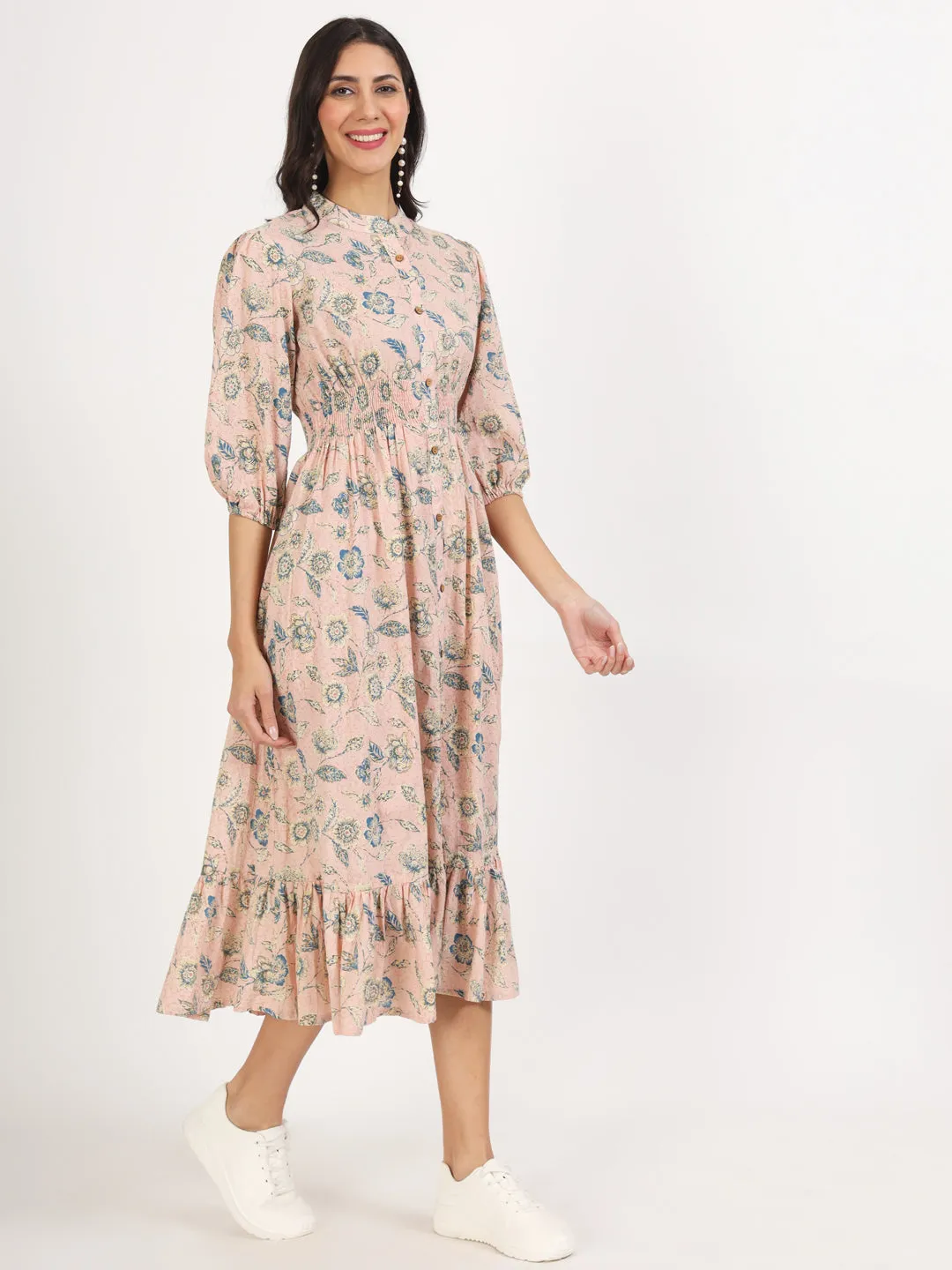 Jashvi Light Pink Floral Print Cotton Knee Long Dress for Women