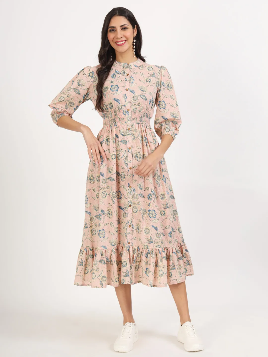 Jashvi Light Pink Floral Print Cotton Knee Long Dress for Women