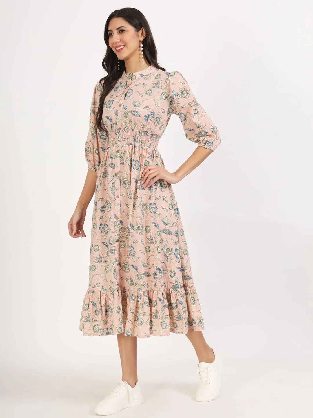 Jashvi Light Pink Floral Print Cotton Knee Long Dress for Women