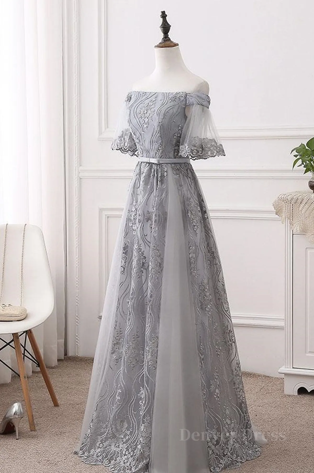 kamahe Short Sleeves Grey Lace Long Prom Dresses, Short Sleeves Gray Lace Long Formal Evening Dresses