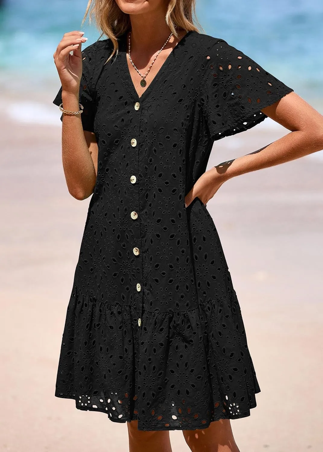 KIRUNDO Summer Dresses for Women 2025 Button Down V Neck Short Sleeve Hollow Out Lace A Line Casual Mini Babydoll Dress