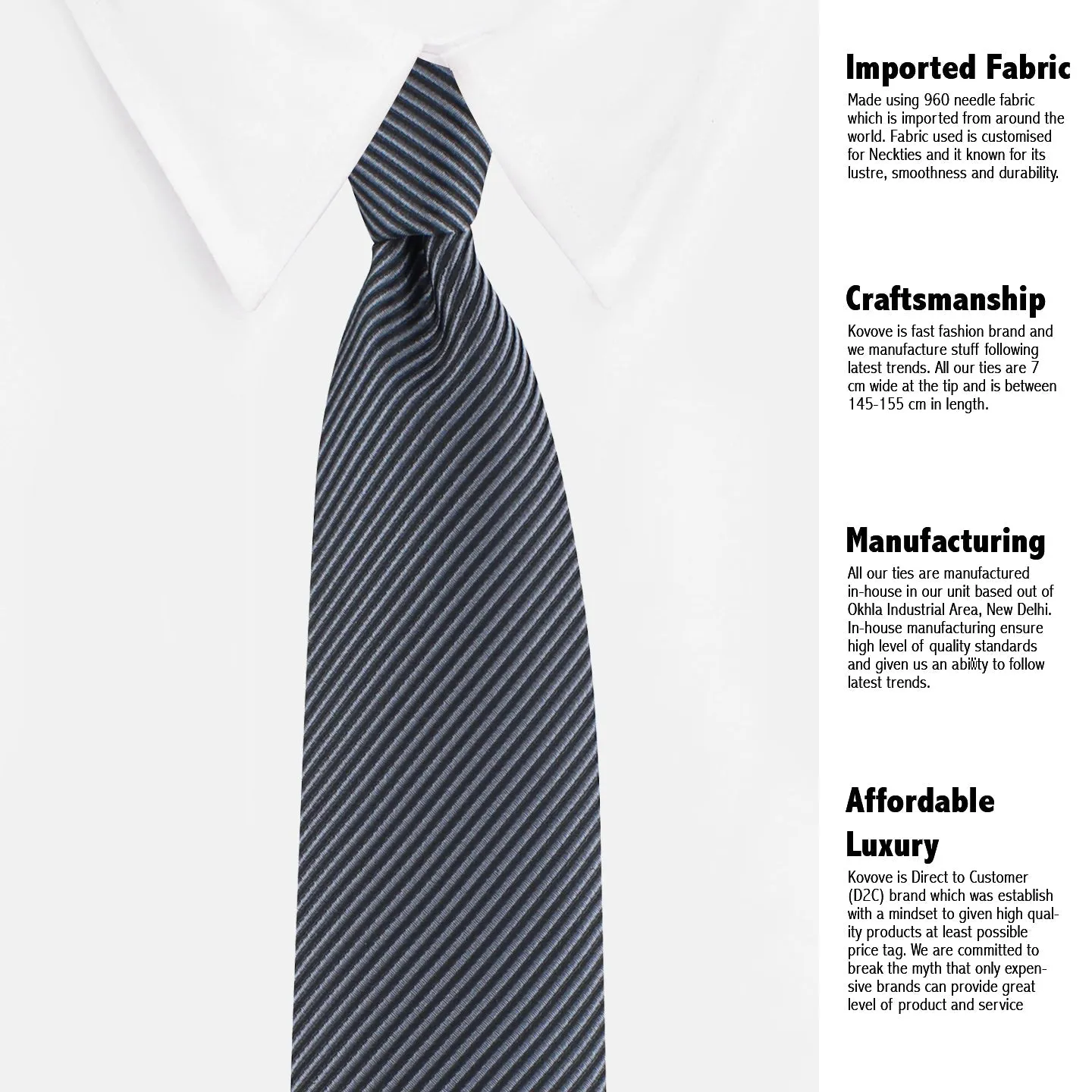Kovove The Phoenix Striped Black Necktie and Pocket Square Gift Box