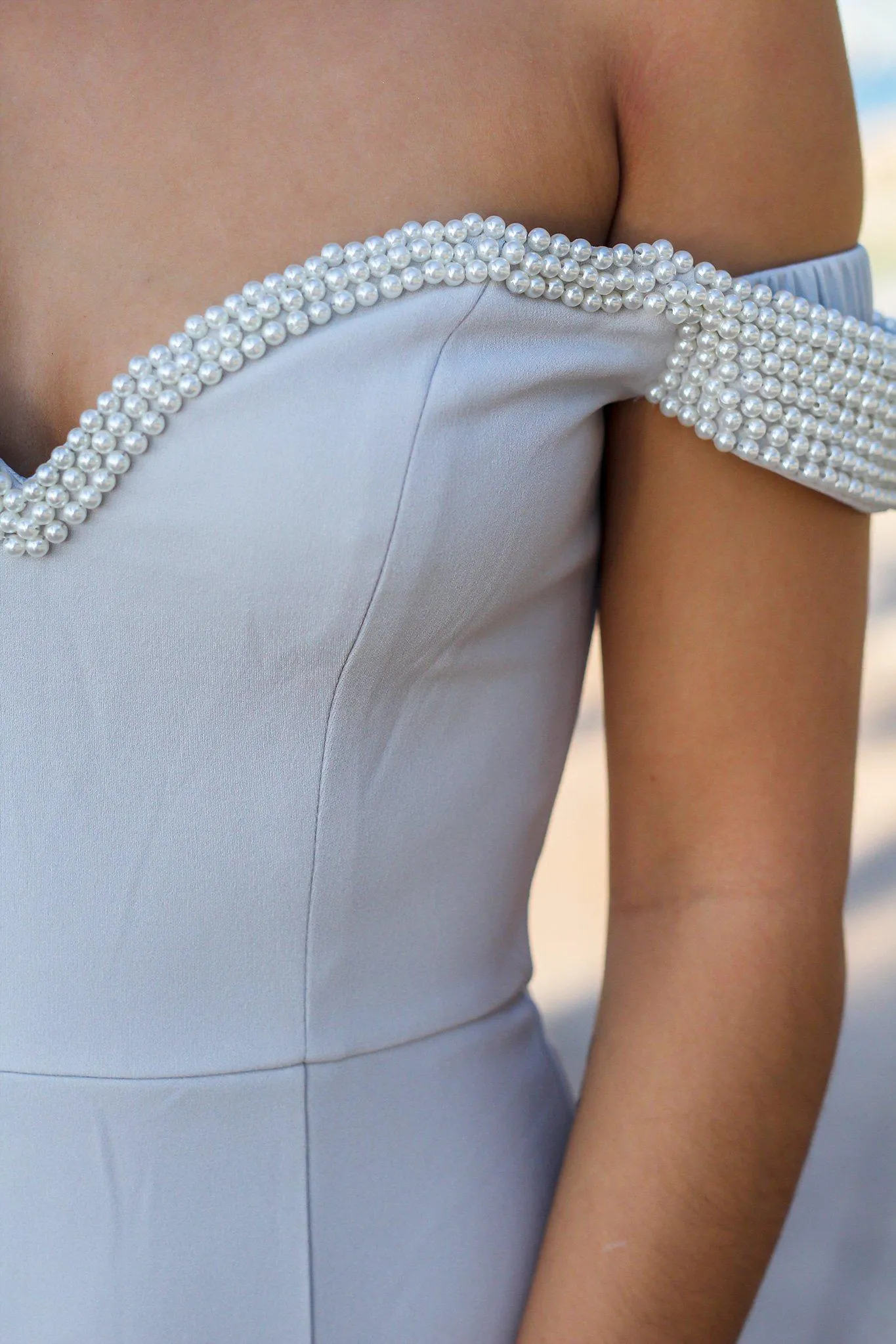 Light Gray Off Shoulder Maxi Dress with Pearl Detail