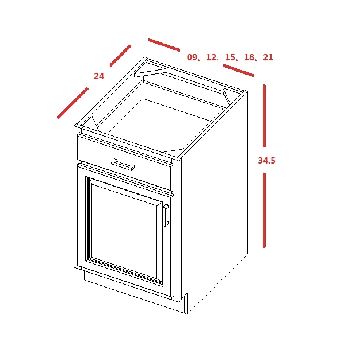 Light Gray Shaker Base Cabinet - One Door One Drawer 9", 12", 15", 18", 21"
