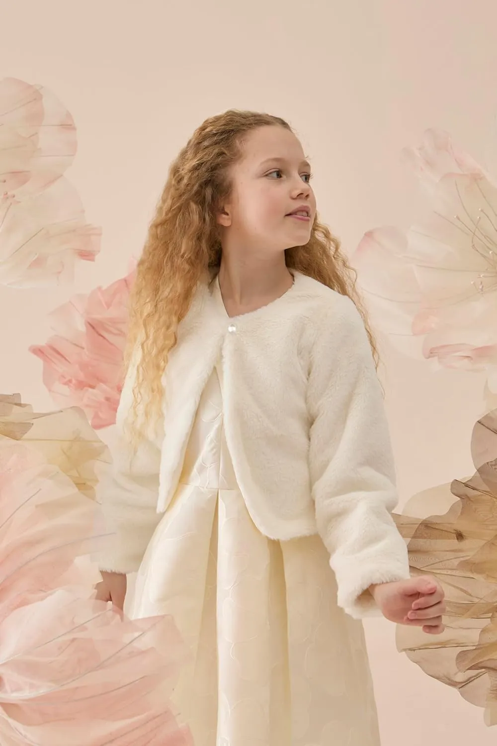 Lilax Girls Cozy Faux Fur Bolero Shrug Long Sleeve Crew Neck Dress Coat
