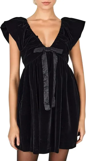 Livtany Women's Velvet Satin Bow Babydoll Dress V Neck Puff Sleeves Mini Dress Solid A Line Pleated Short Dress Party Club Black