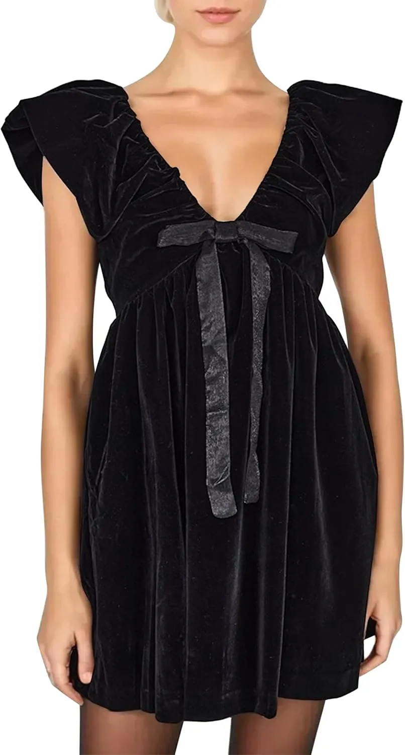 Livtany Women's Velvet Satin Bow Babydoll Dress V Neck Puff Sleeves Mini Dress Solid A Line Pleated Short Dress Party Club Black