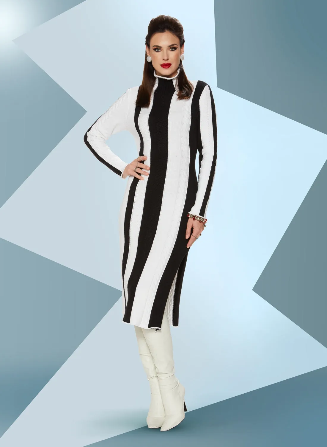 LTQ Knits 17507 Stripe Knit Turtle Neck Dress