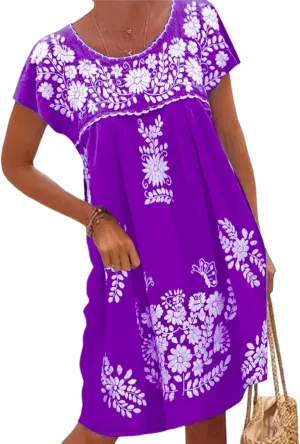 Melliflo Mexican Dress for Women Short Sleeve Floral Embroidered Fiesta Dress Loose Linen Peasant Dresses