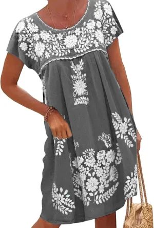 Melliflo Mexican Dress for Women Short Sleeve Floral Embroidered Fiesta Dress Loose Linen Peasant Dresses