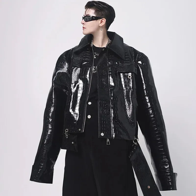 Men's PU Leather Jackets Personality Lapel Shoulder Padded Niche Design Patchwork Male Short Coat Niche Design 9A5827