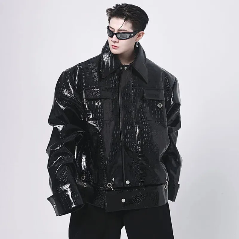 Men's PU Leather Jackets Personality Lapel Shoulder Padded Niche Design Patchwork Male Short Coat Niche Design 9A5827