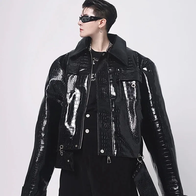 Men's PU Leather Jackets Personality Lapel Shoulder Padded Niche Design Patchwork Male Short Coat Niche Design 9A5827