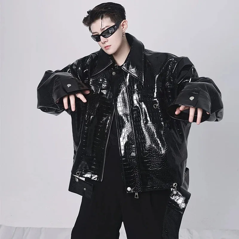 Men's PU Leather Jackets Personality Lapel Shoulder Padded Niche Design Patchwork Male Short Coat Niche Design 9A5827