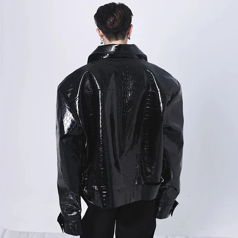 Men's PU Leather Jackets Personality Lapel Shoulder Padded Niche Design Patchwork Male Short Coat Niche Design 9A5827