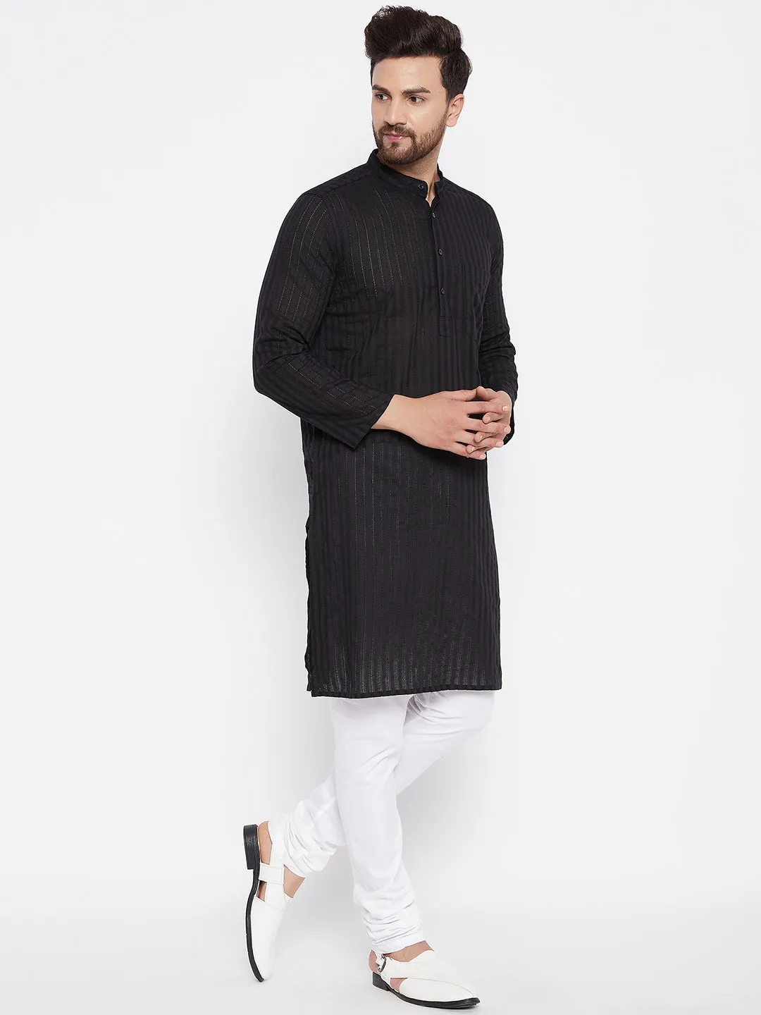 Men's Pure Cotton Striped Black Kurta - Even Apparels
